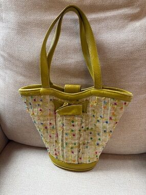 Olive Green Tweed Tote with Multicolor Pom Detailing